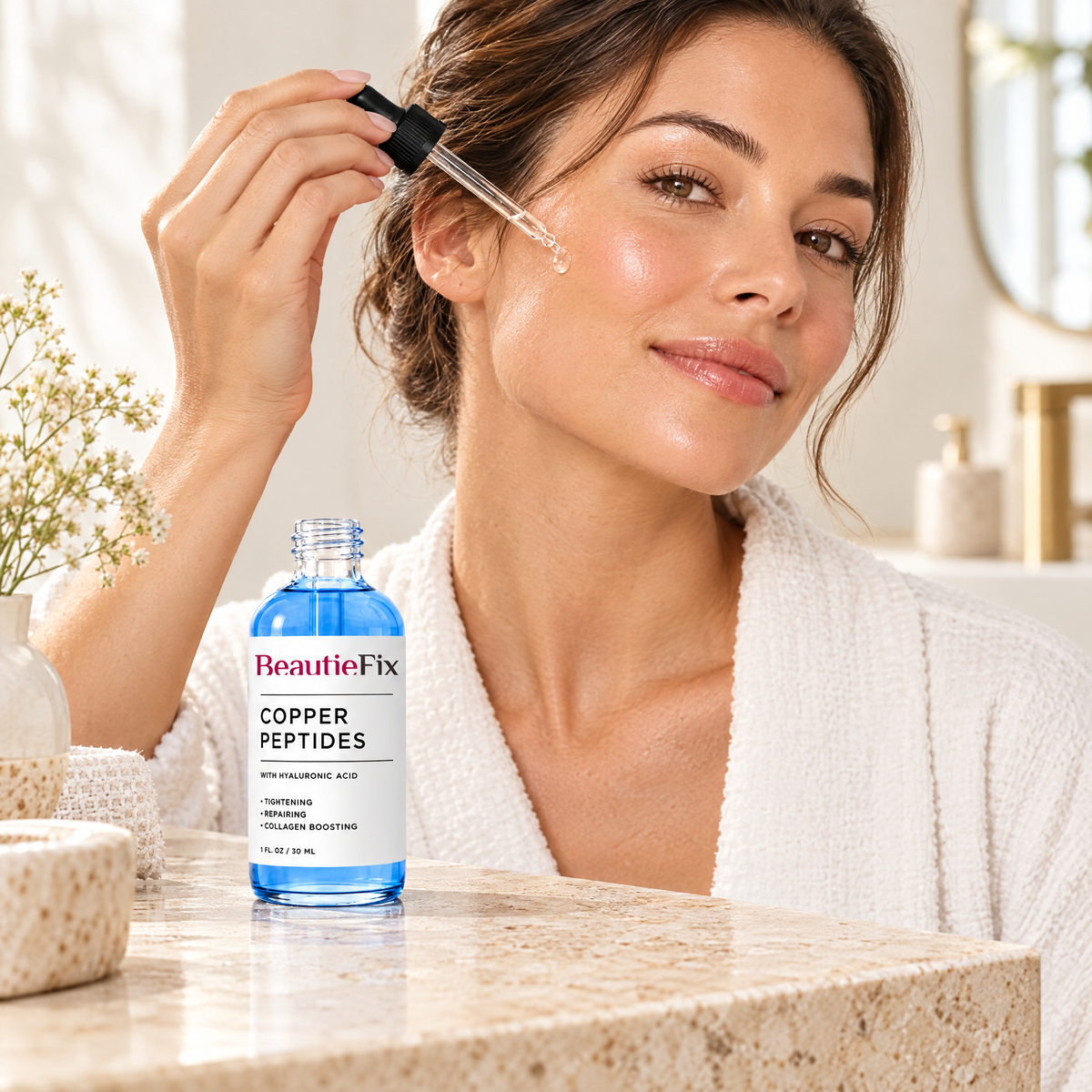 Woman applying BeautieFix Copper Peptide Serum